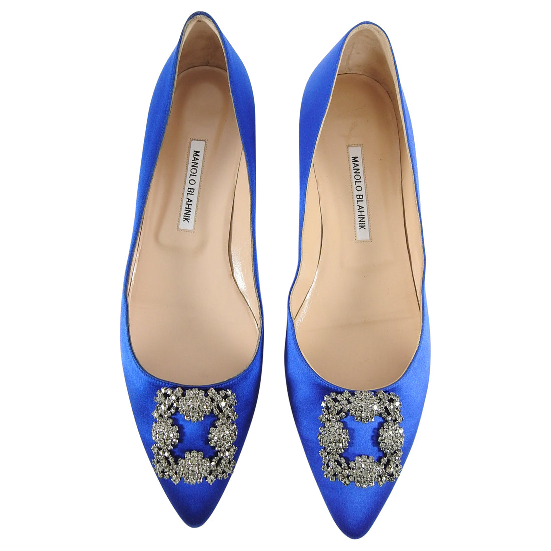 Manolo Blahnik Blue Satin Hangisi Crystal Flat Shoes - 43