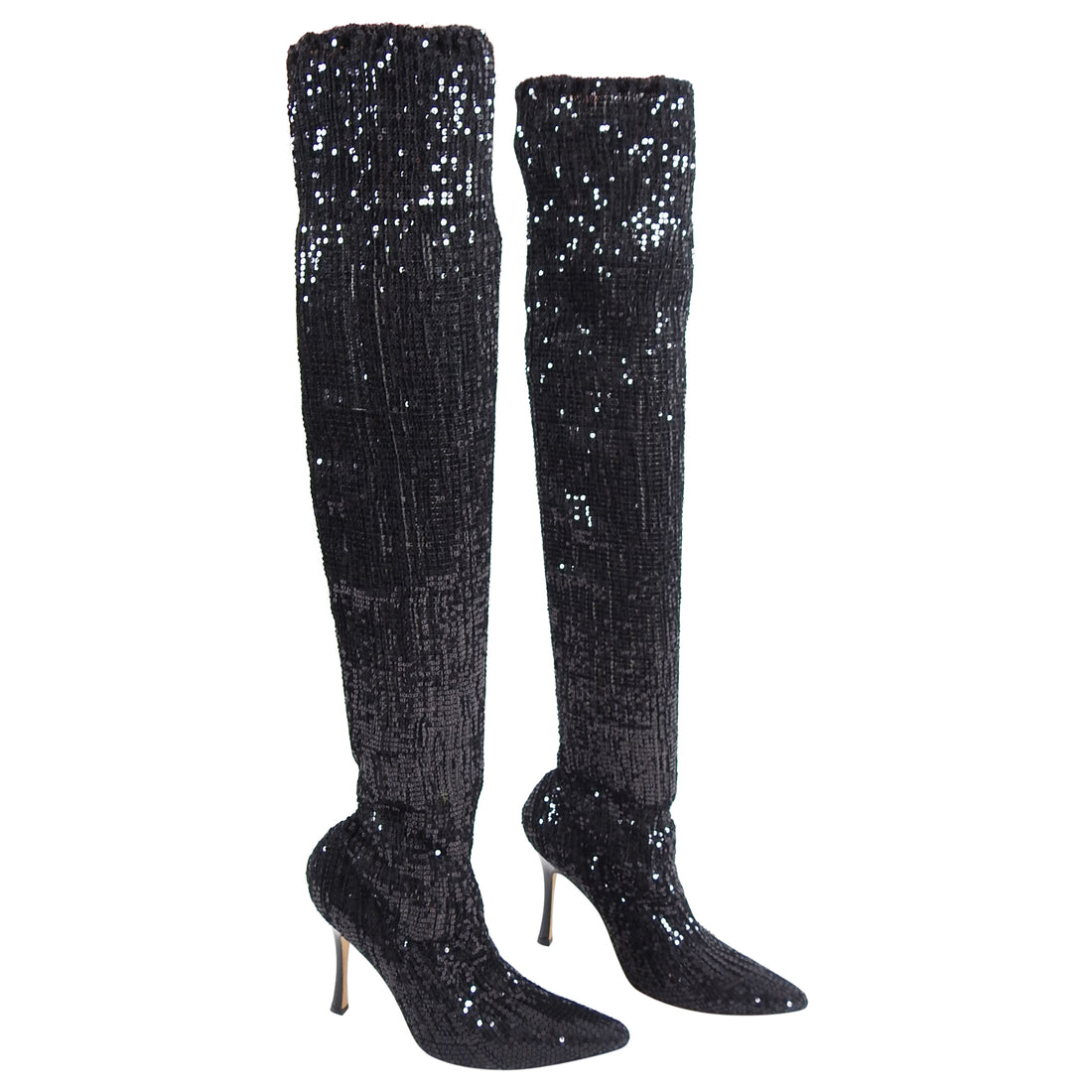 Manolo Blahnik Pascalare Black Sequin Over the Knee Sock Boots - 37