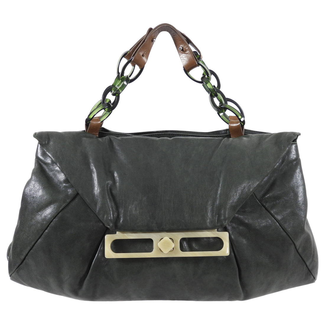 Marni - Black grained leather bag with green bakelite handle for women