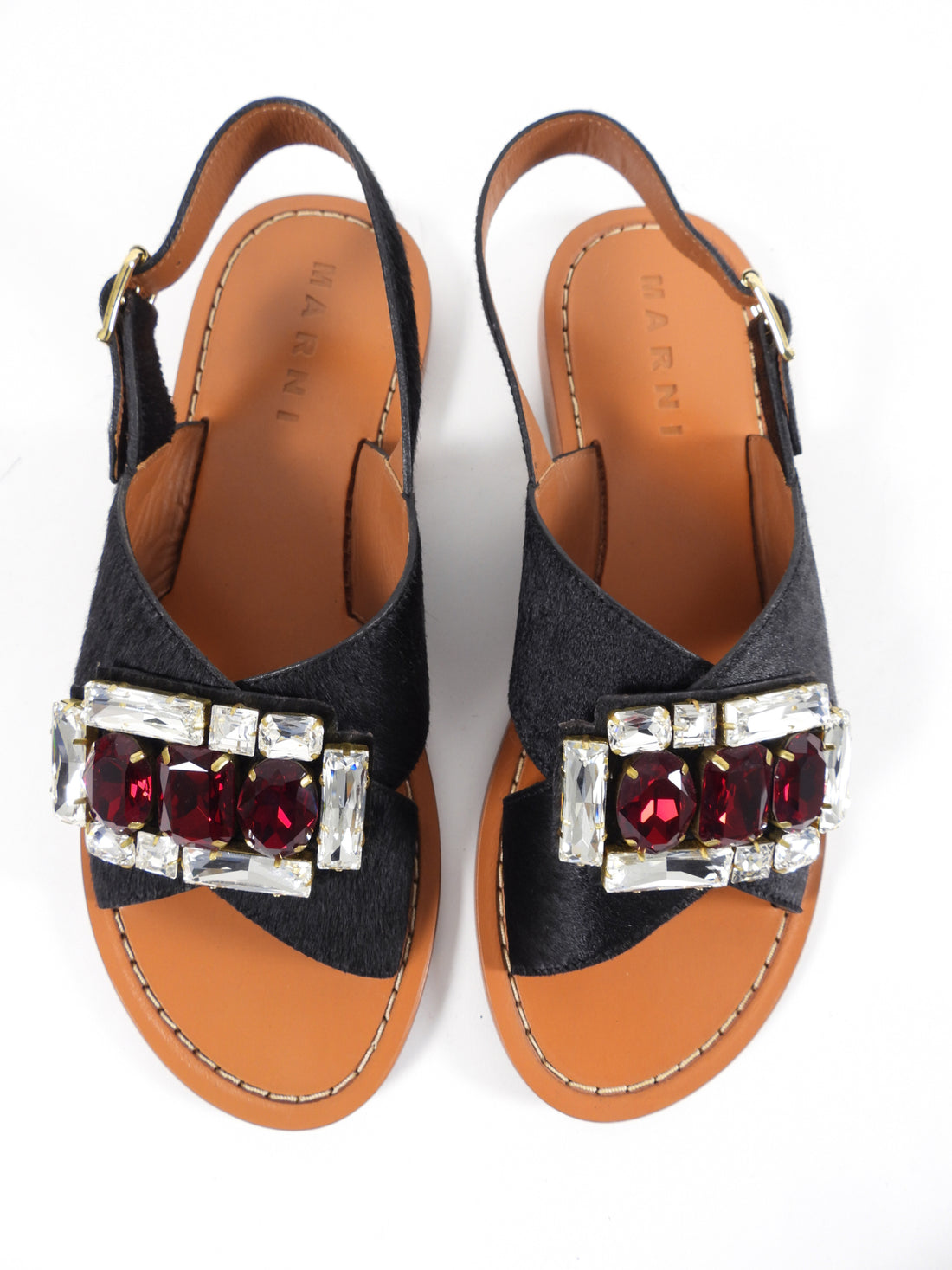 Marni Black Calf and Red Crystal Jewel Flat Sandals - 40