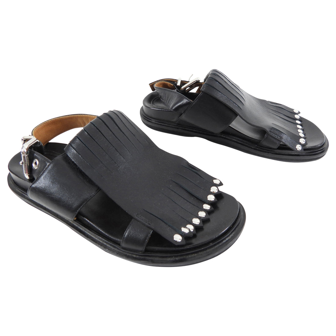 Marni Fringe Studded Black Leather Flat Sandals - 38 / 8