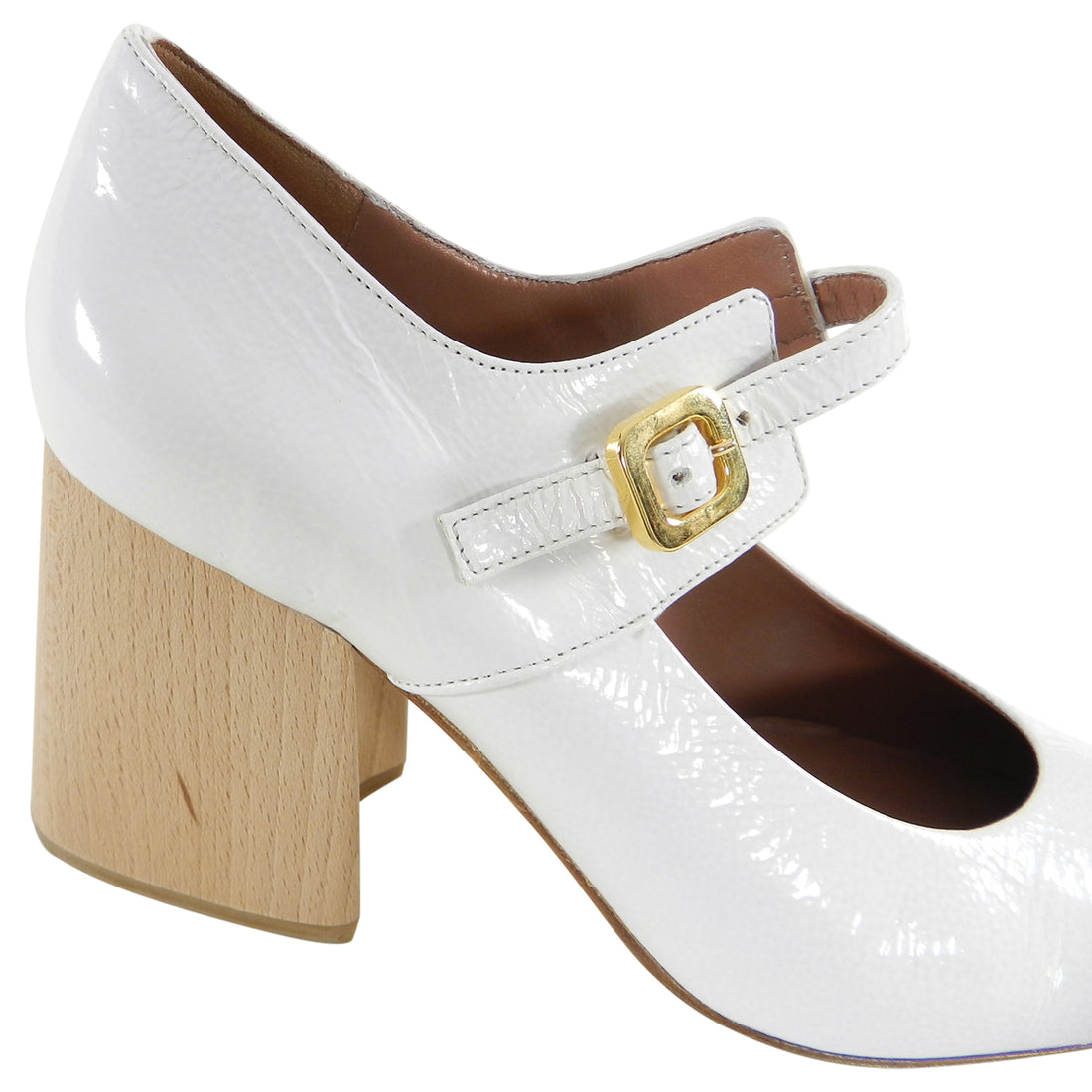 Marni White Patent Mary Jane Shoes with Wood Heel.  From the pre-fall 2017 collection. Chunky lacquered wood heel, gold buckle.  Original retail $880 USD.  Grips added on bottom sole by previous owner. Excellent pre-owned condition.  Worn a few times.  Duster and box not included.