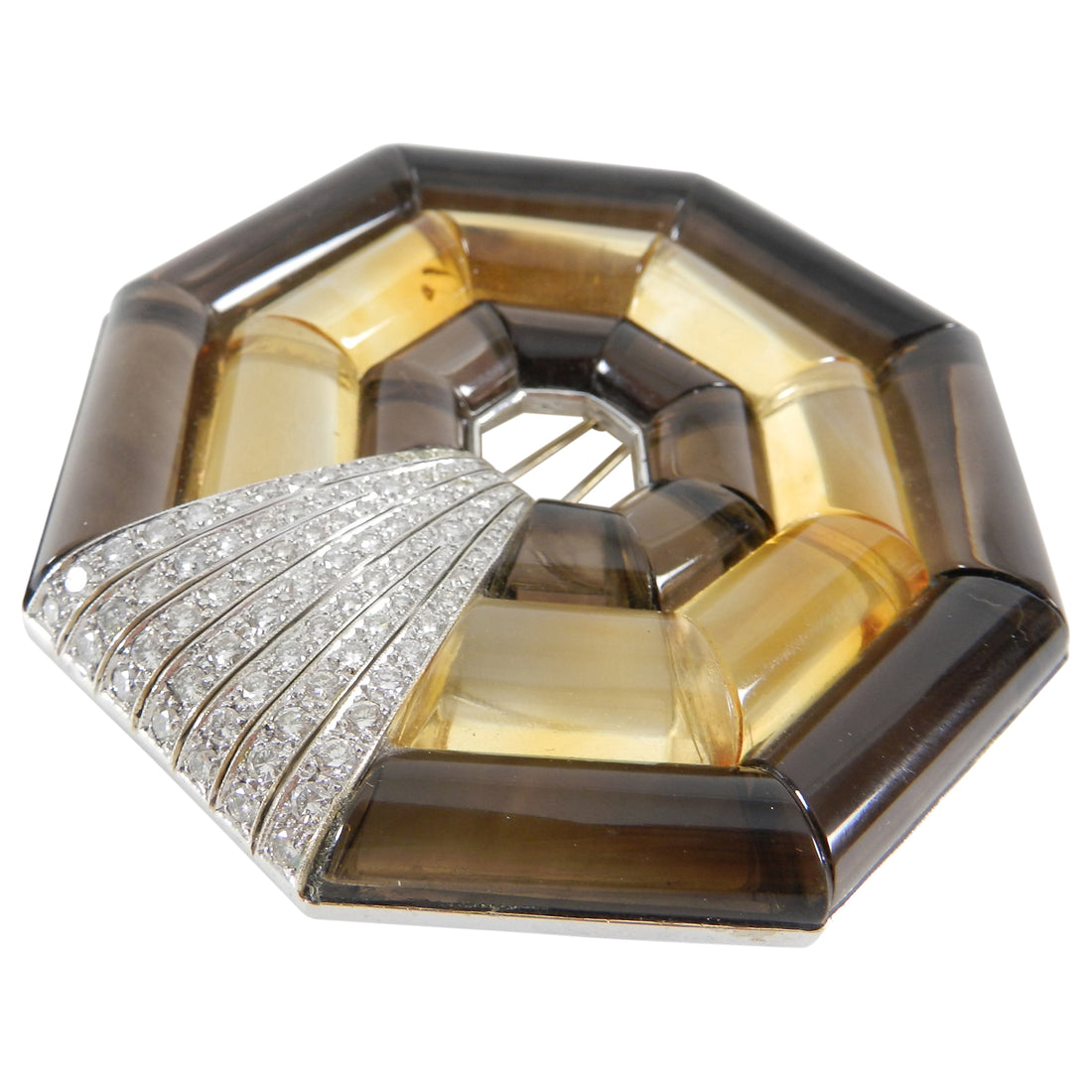 Hedy Martinelli 18k White Gold Diamond Smoky Topaz Art Deco Fur Pin 