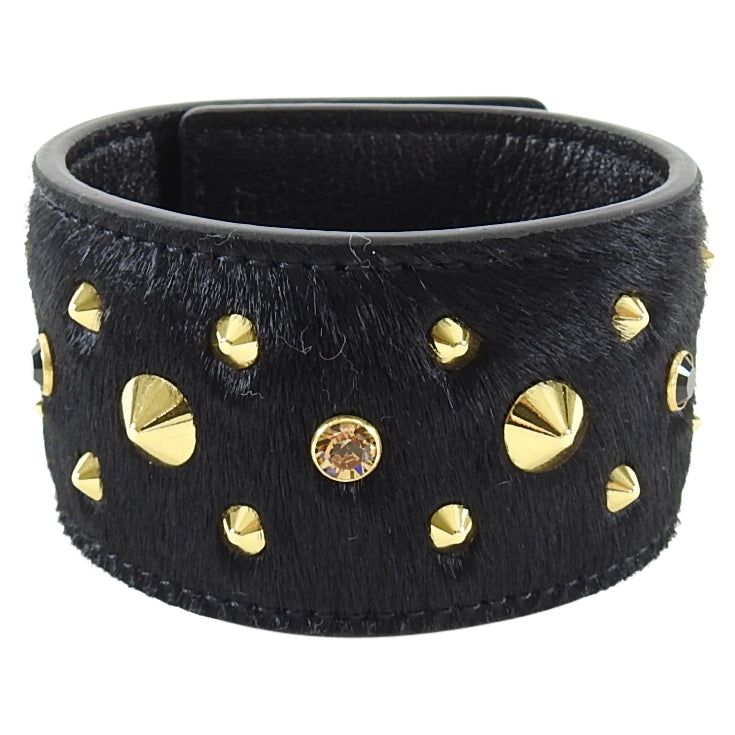 MCM Black Calf Hair Gold Stud Leather Cuff Bracelet