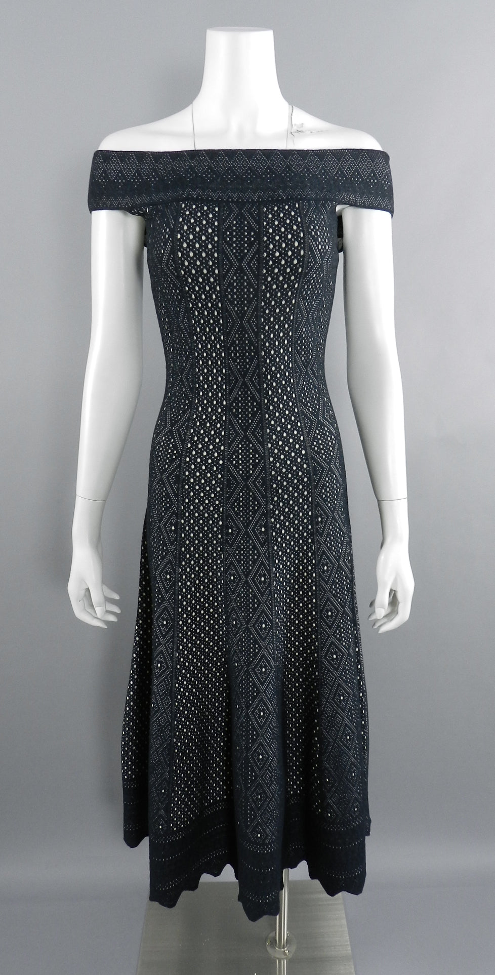 Alexander McQueen Black Lace Jacquard Knit Off Shoulder Dress