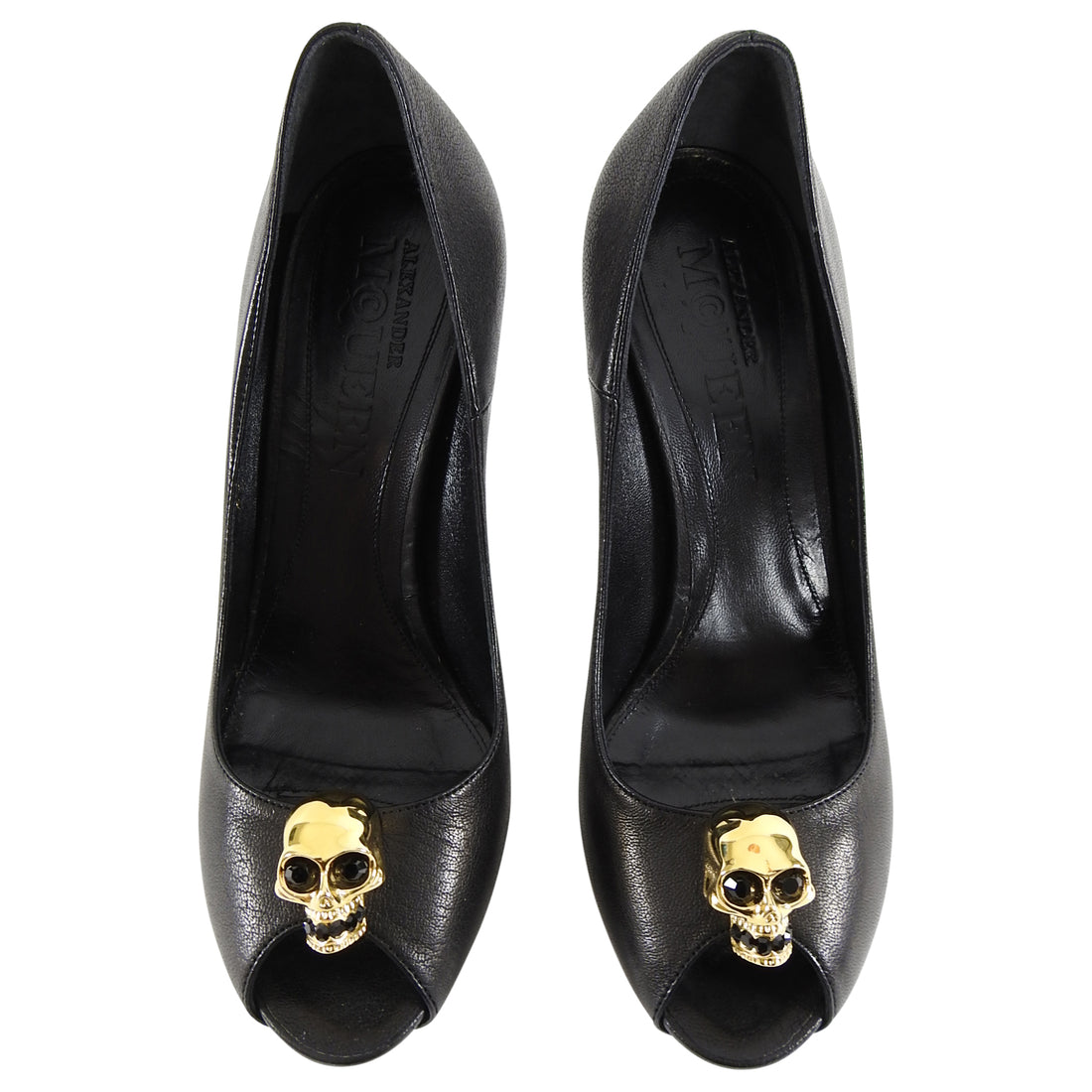 Alexander McQueen Black Leather Gold Skull Pump Heels - 38.5