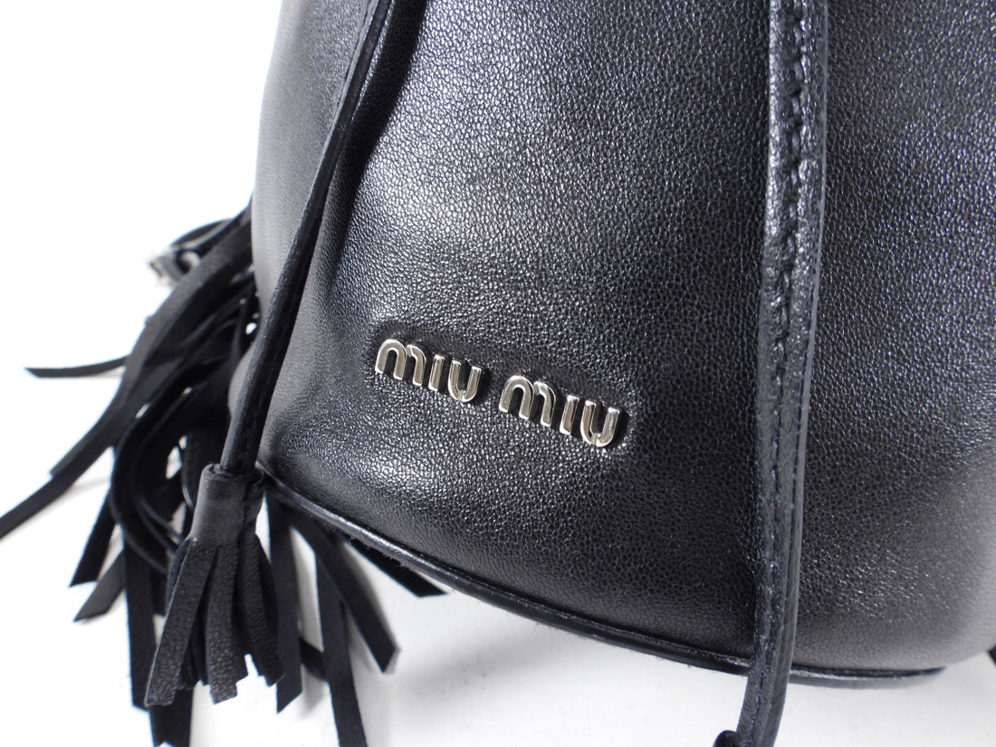 Miu Miu Black Leather Fringe Drawstring Bucket Bag