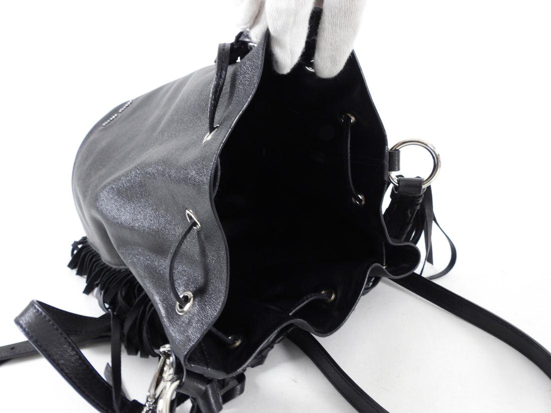 Miu Miu Black Leather Fringe Drawstring Bucket Bag