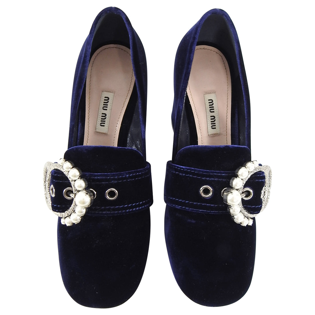 Miu Miu Navy Blue Velvet Chunky Heel Embellished Shoes - 40