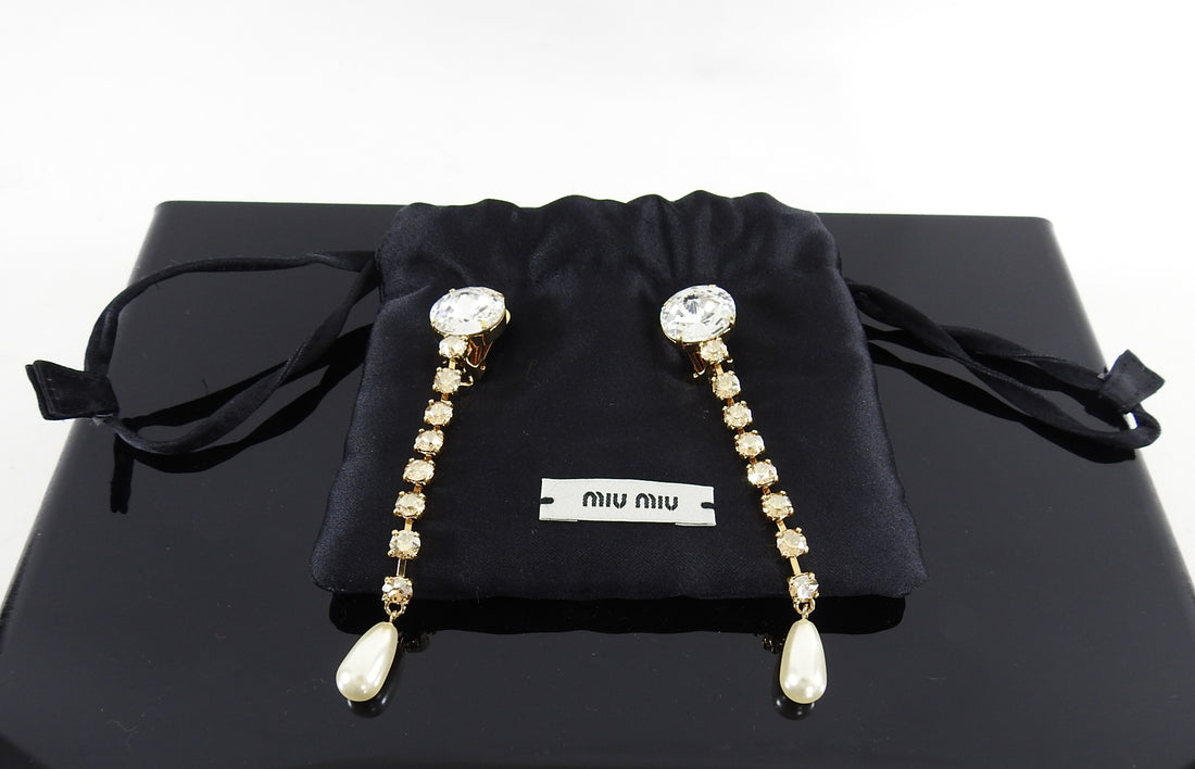 Miu Miu Rhinestone Crystal Pearl Long Drop Earrings