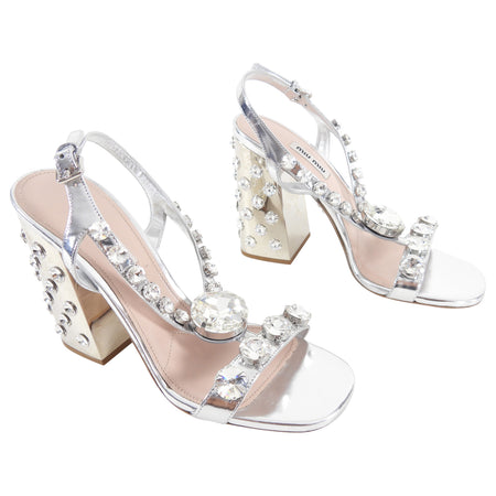 Miu Miu Silver Leather and Crystal Embellish Metal Heels - 40 / 9.5