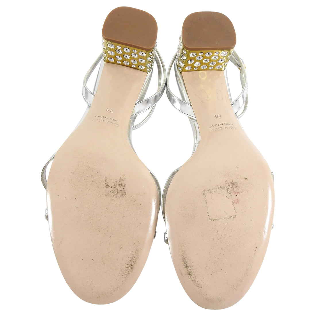 Miu Miu Silver Strappy Jewelled Block Heel Sandals