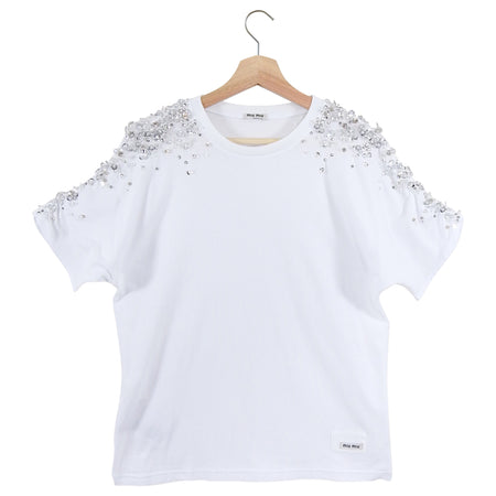 Miu Miu White Cotton Bead and Jewel Embellished T-Shirt - M / 6