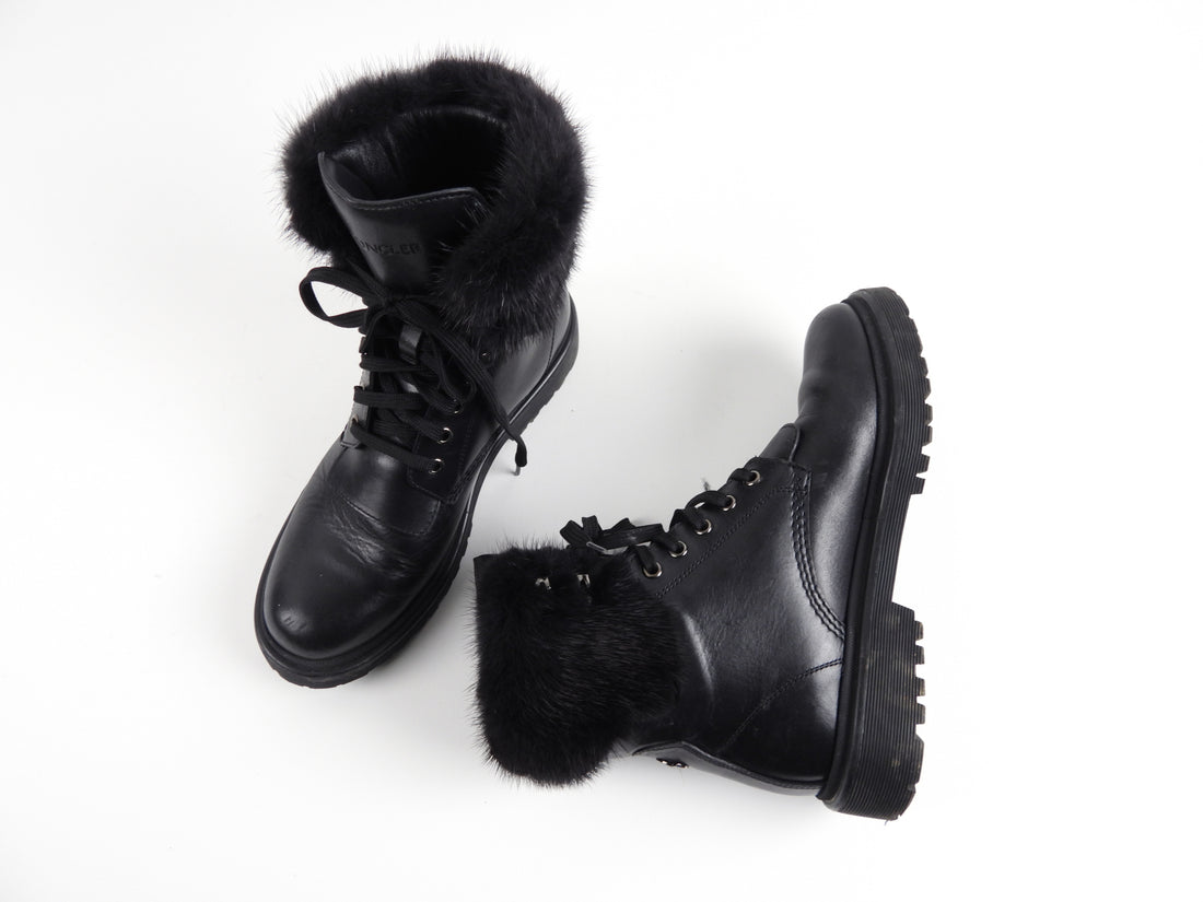 Moncler Black Leather Winter Snow Ankle Booties-38