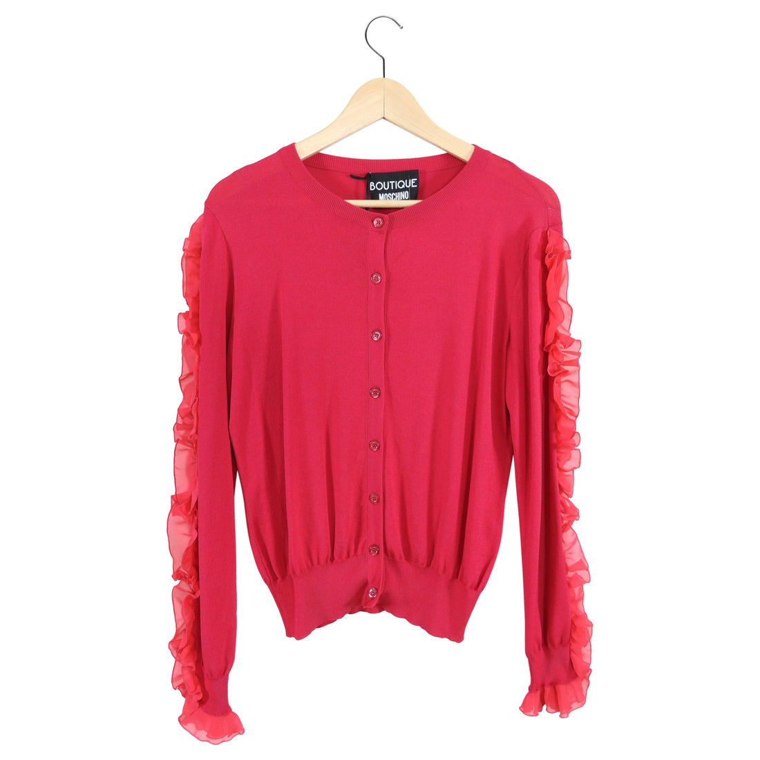 Moschino Boutique Cherry Pink Knit Ruffle Cardigan - IT42 / USA 6