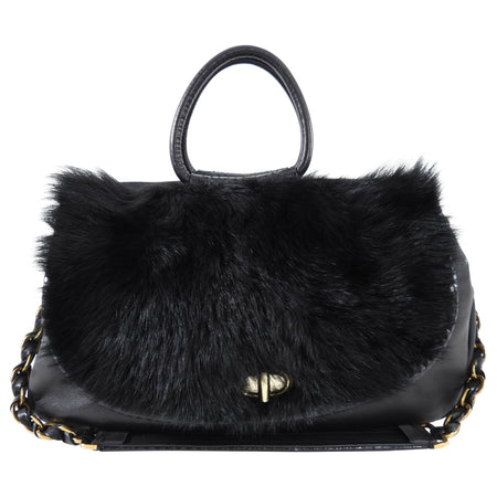 Nina Ricci Black Fur and Python Trim Leather Bag