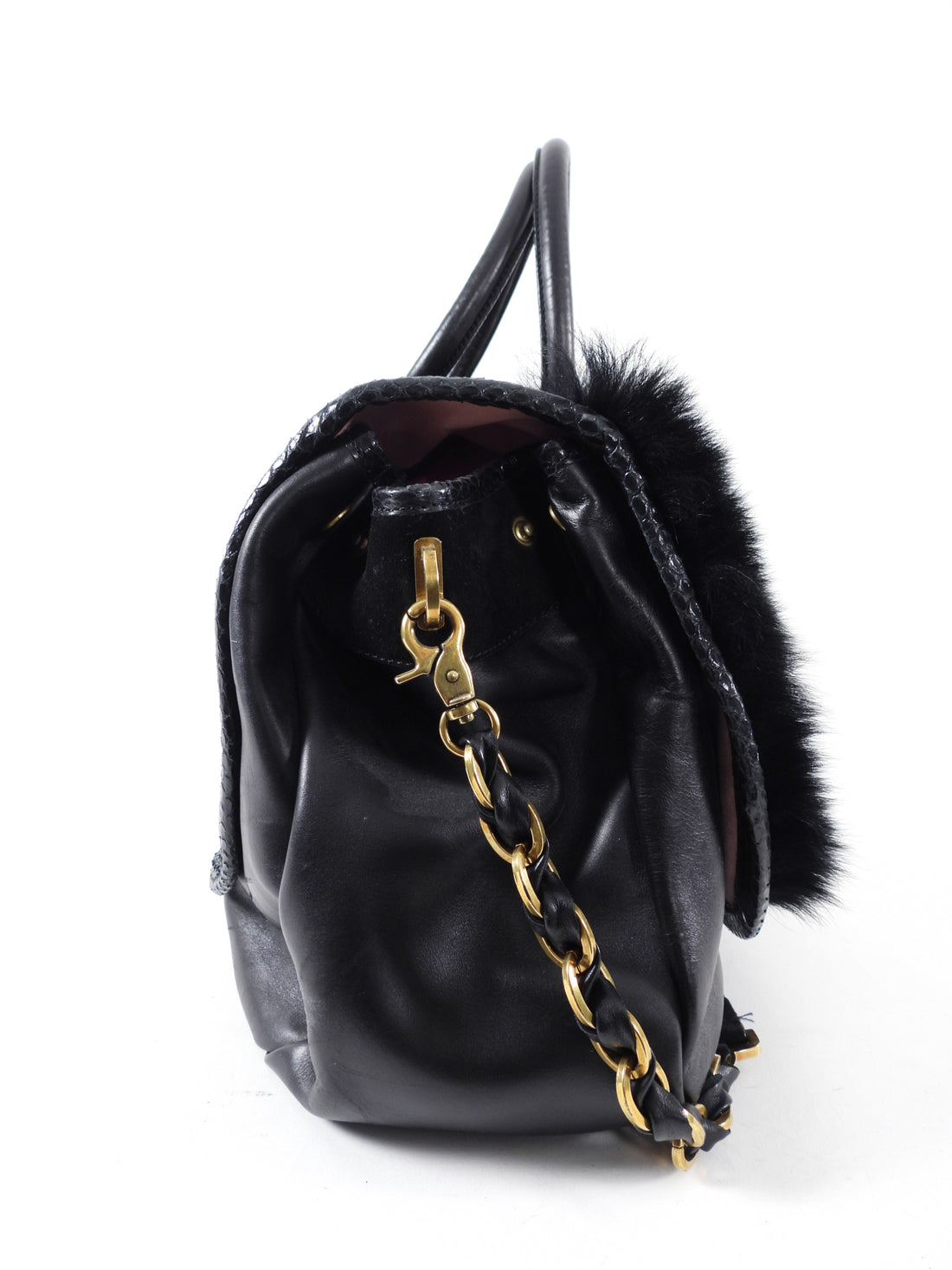 Nina Ricci Black Fur and Python Trim Leather Bag