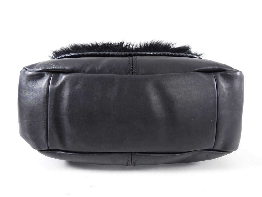 Nina Ricci Black Fur and Python Trim Leather Bag