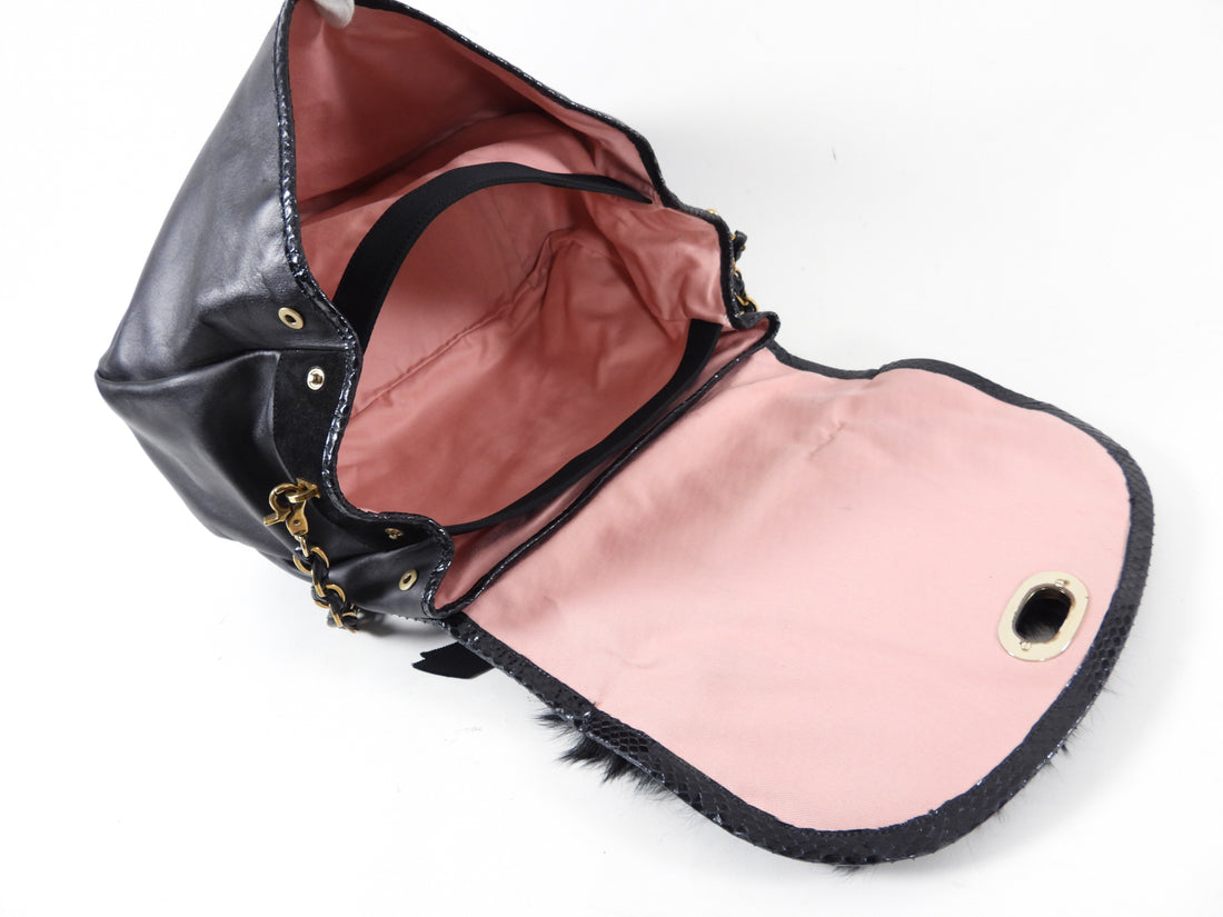 Nina Ricci Black Fur and Python Trim Leather Bag