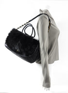 Nina Ricci Black Fur and Python Trim Leather Bag