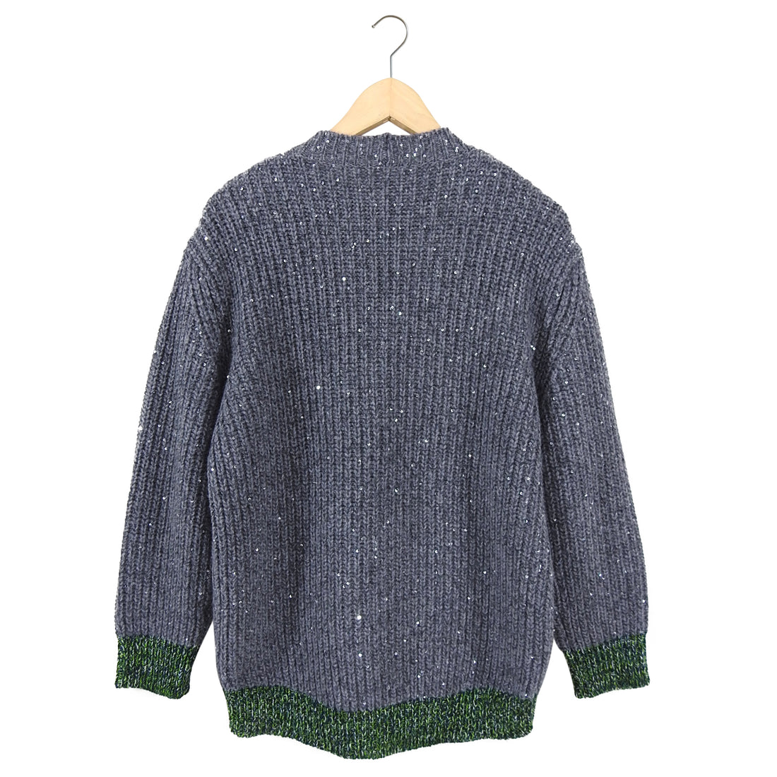 No 21 Grey Chunky Knit Sweater with Green Hem - S