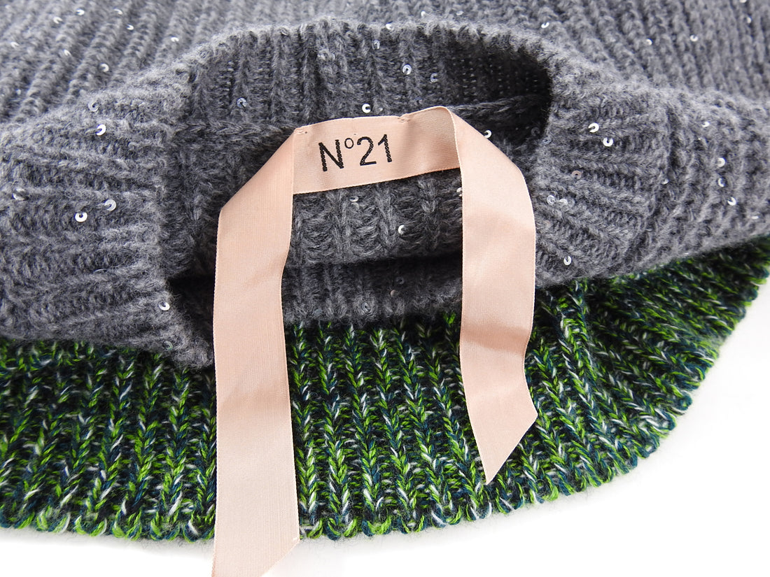 No 21 Grey Chunky Knit Sweater with Green Hem - S