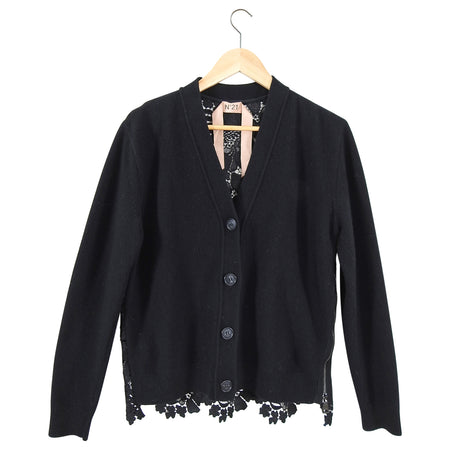 No 21 Black Wool and Guipure Lace Oversized Cardigan Sweater - S