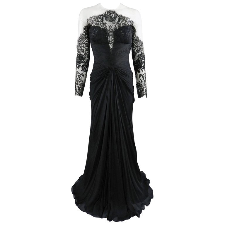 PAVONI Black Sheer Silk Chiffon / Illusion Lace Ruched Evening Gown