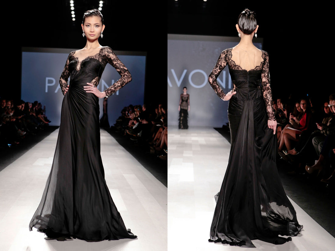 PAVONI Black Sheer Silk Chiffon / Illusion Lace Ruched Evening Gown