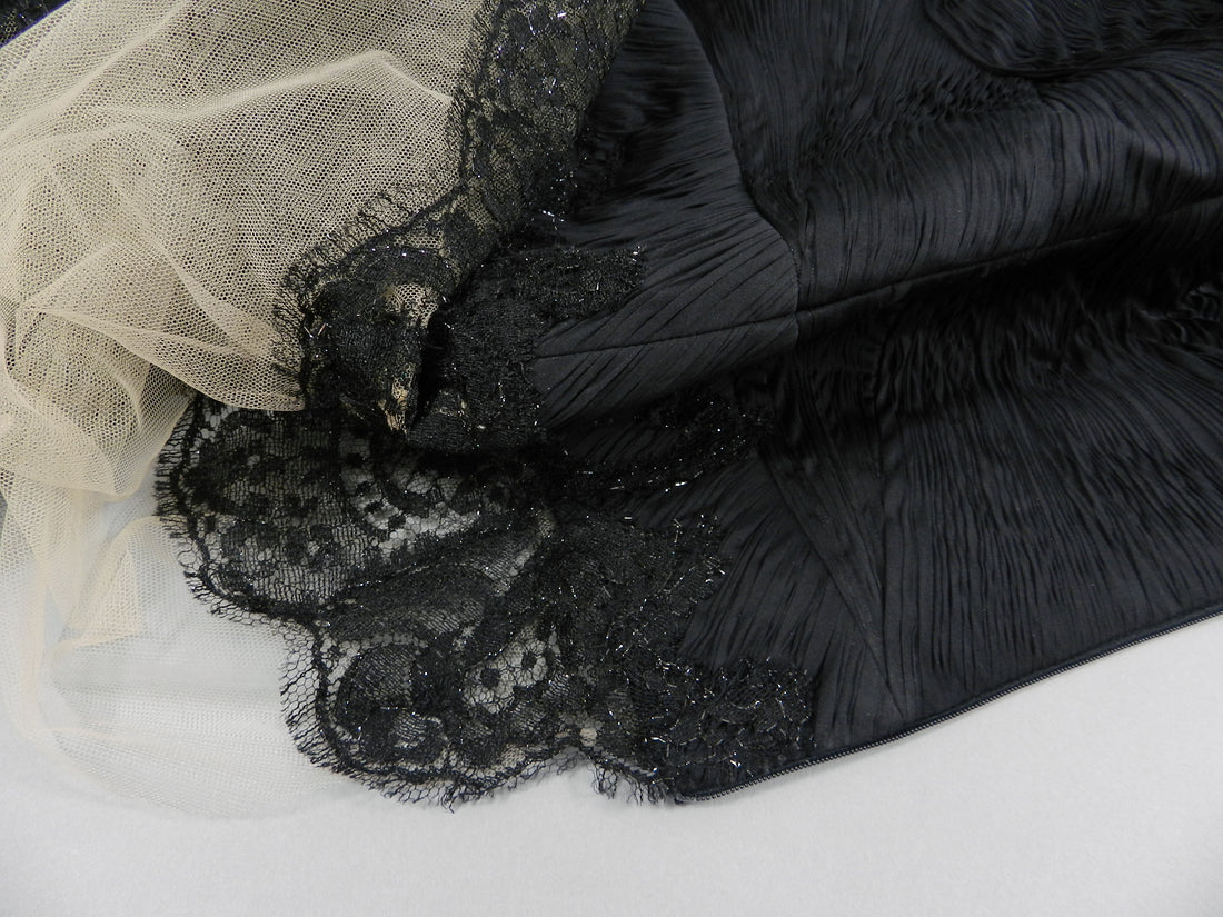 PAVONI Black Sheer Silk Chiffon / Illusion Lace Ruched Evening Gown