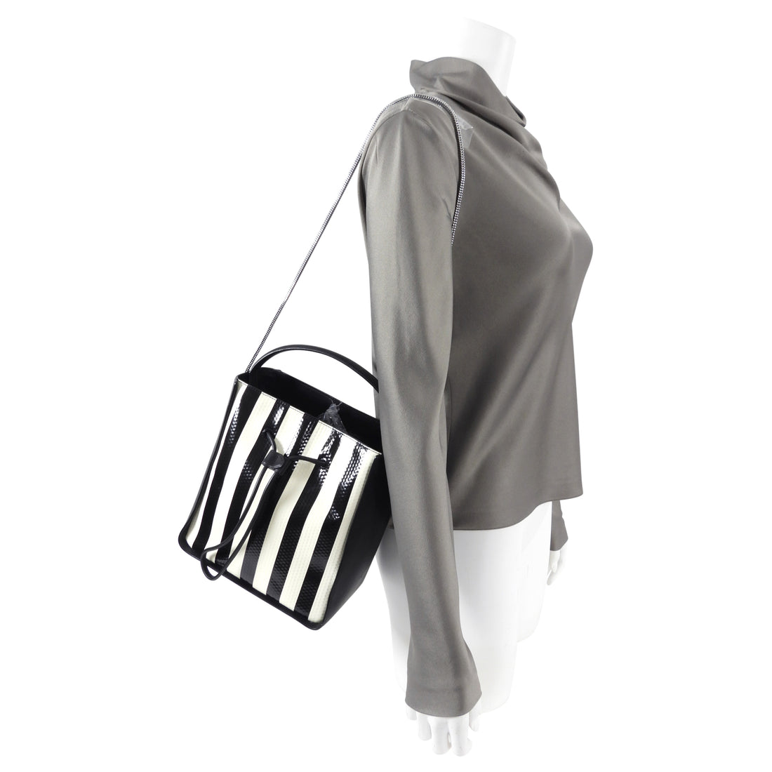 Philip Lim Black and Ivory Striped Small Drawstring Soleil Bag