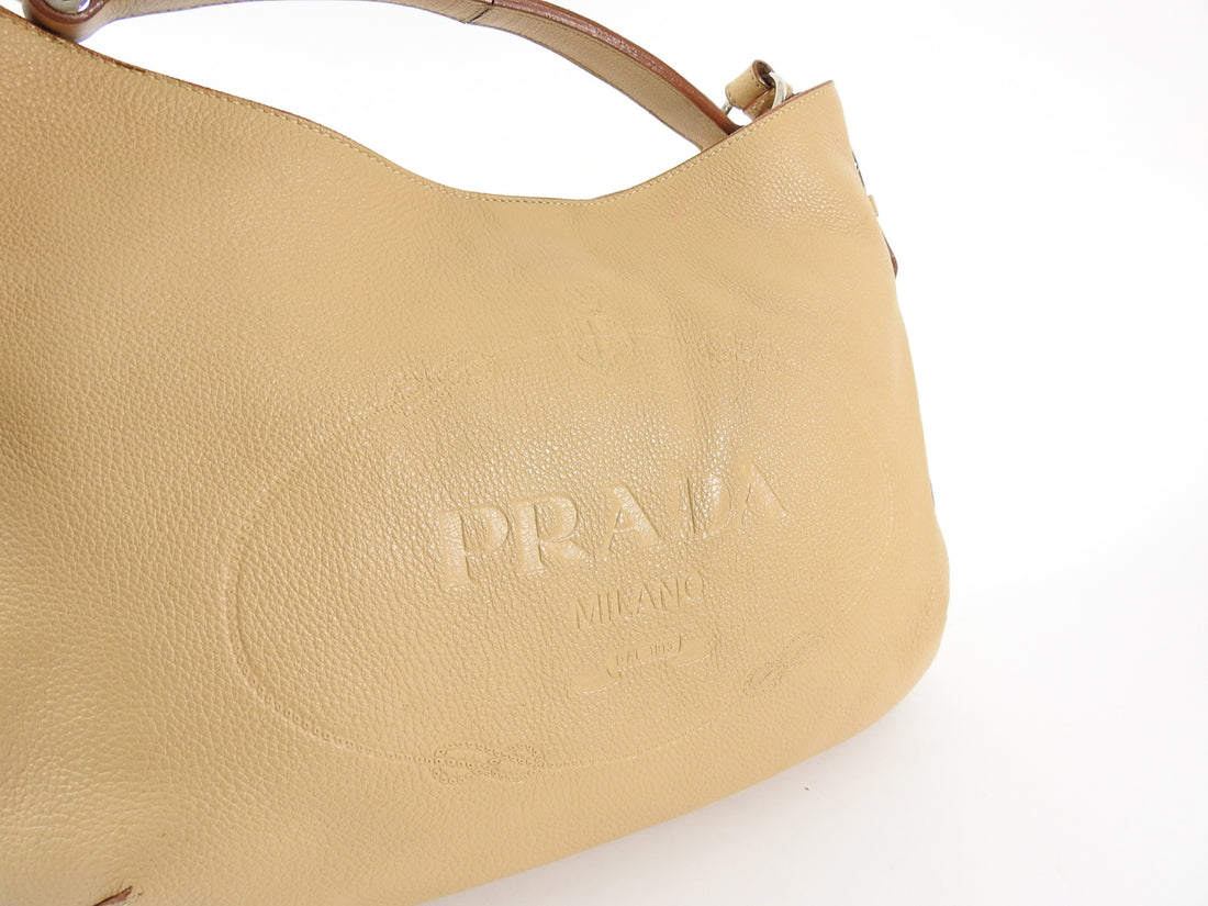 Prada Beige Logo Imprinted Leather Hobo Shoulder Bag