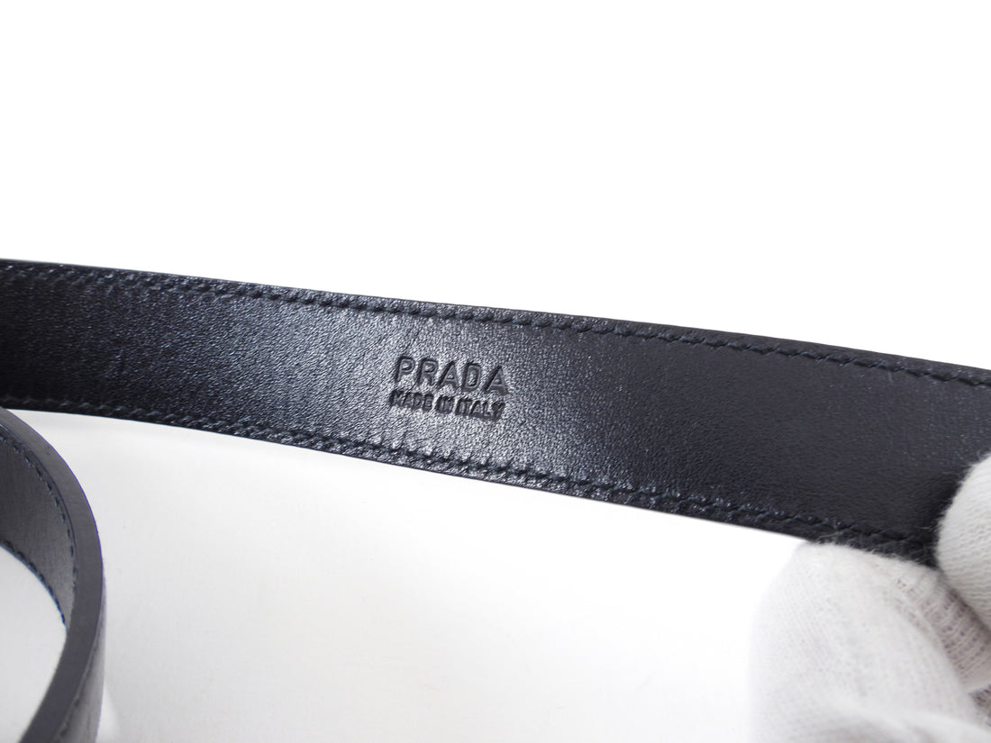 Prada Black Leather Belt with Silver Metal Buckle - 27-31”