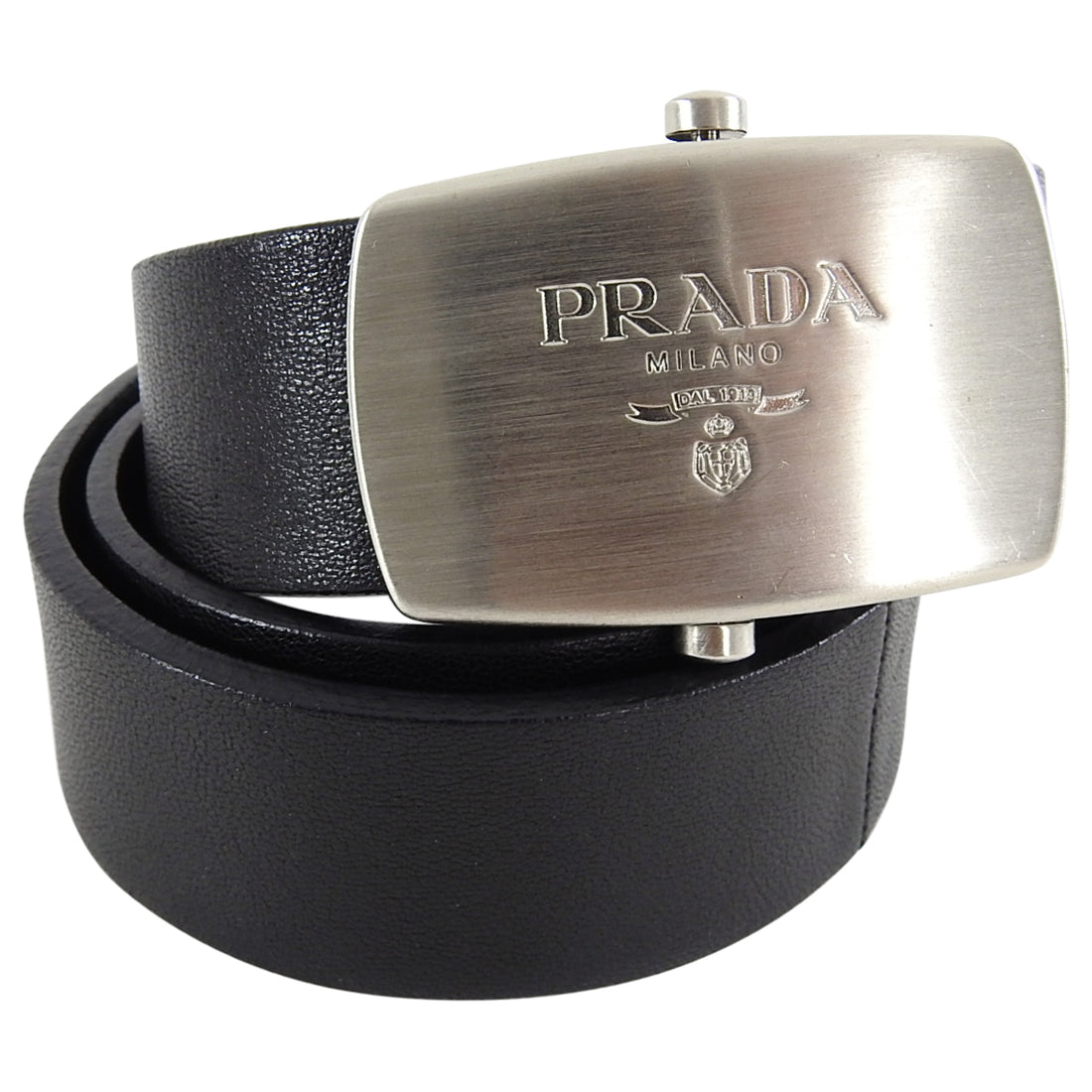 Prada Black Leather Belt with Silver Buckle - 30