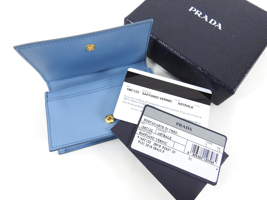 Prada Astrale Blue Saffiano Leather Swallow Print Snap Bifold Wallet 1MV204