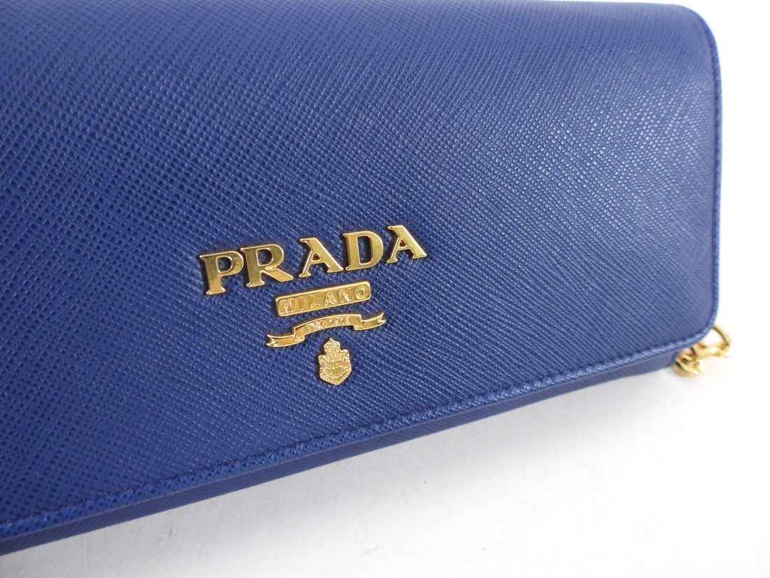 Prada Blue Saffiano Lux Leather Metal Oro Chain Wallet Prada
