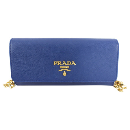 Prada Blue Saffiano Lux and Gold Wallet on Chain