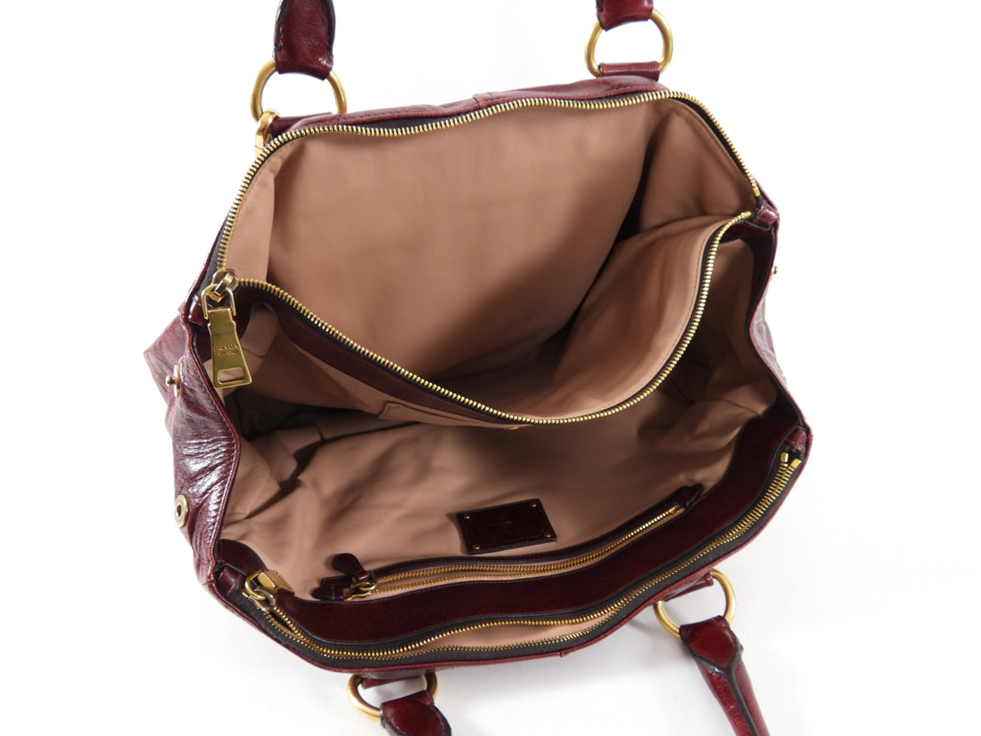 Prada Burgundy Leather Double Zip Large Tote Bag