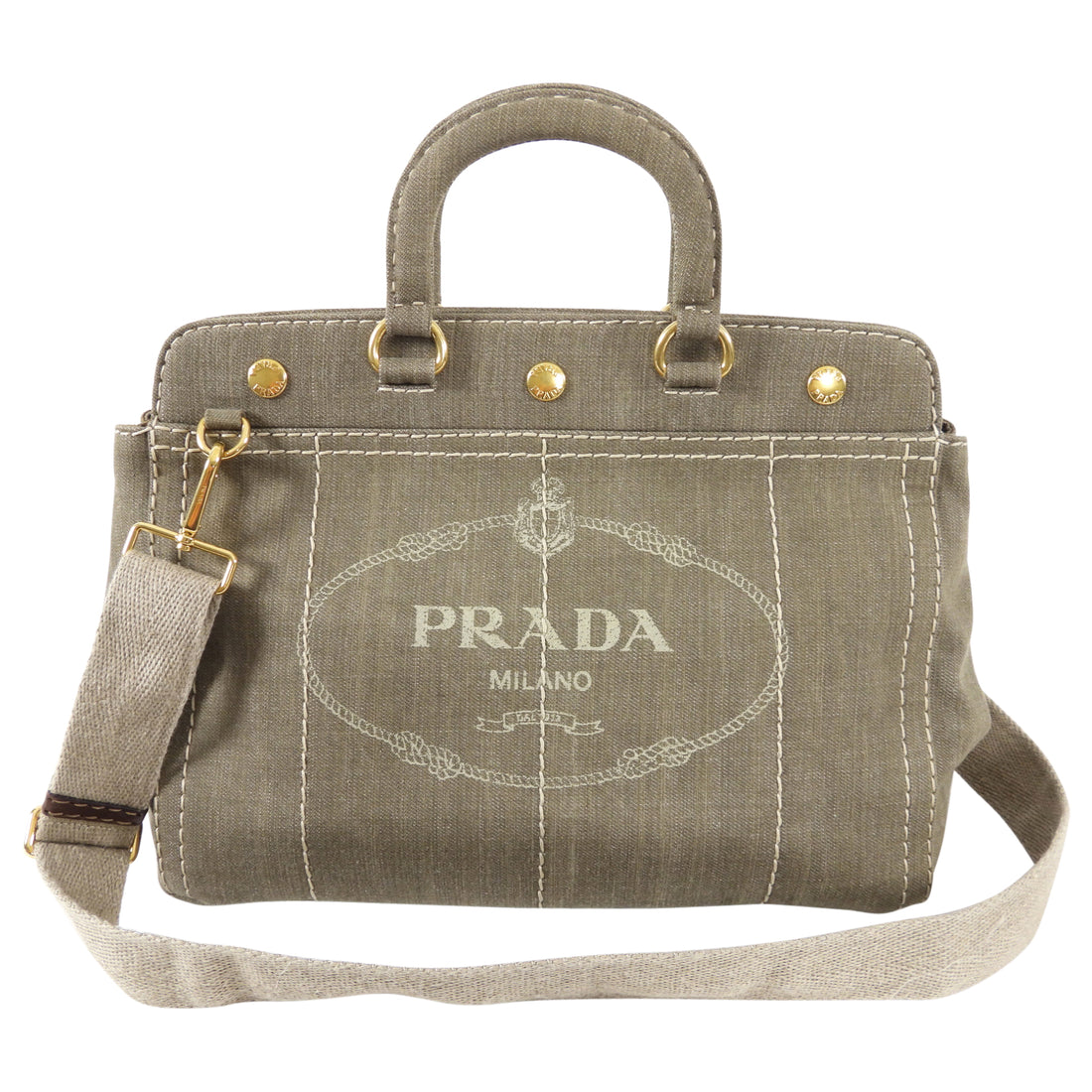 Prada Blue Canapa Logo Denim Tote Bag Brown Suede Leather Cloth