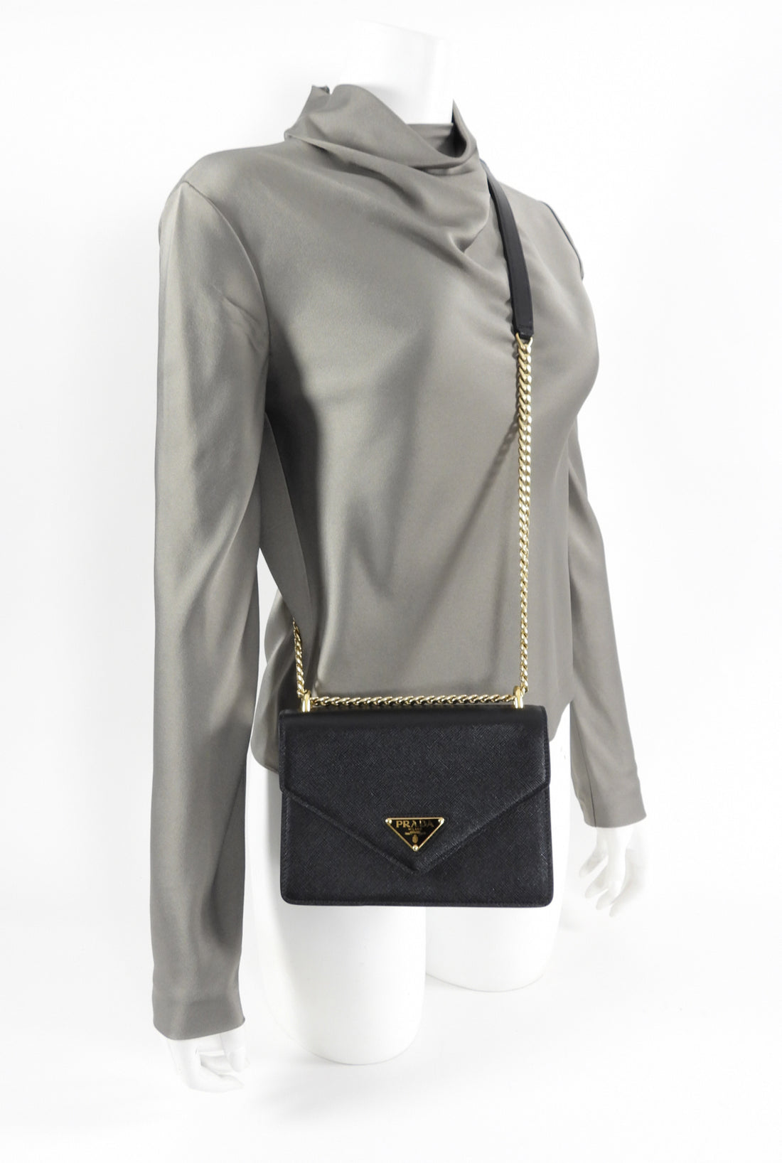 Prada Chain Crossbody Bag Tessuto and Saffiano Leather Small Neutral 2047661