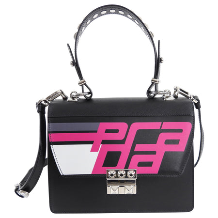 Prada Elektra Black Leather Satchel Bag with Pink Graphic Logo
