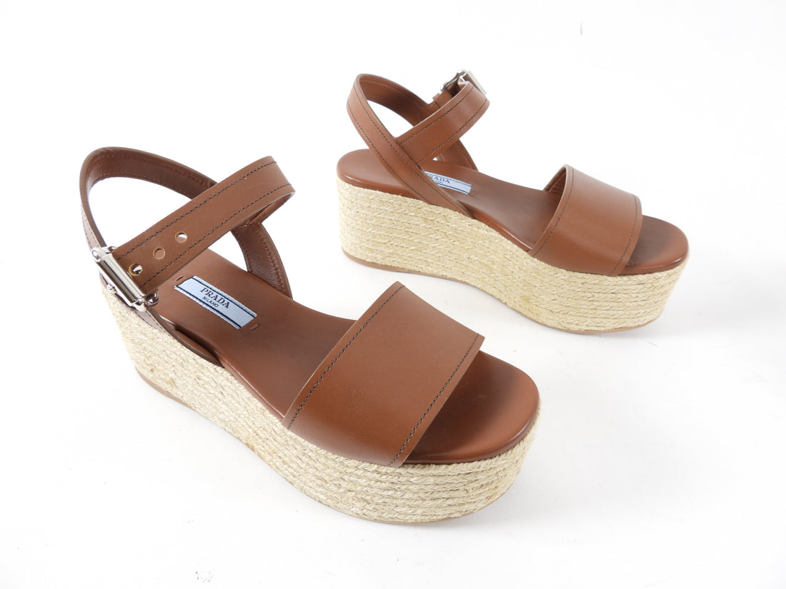 Prada Tan Leather Espadrille Wedge Sandals - USA 6