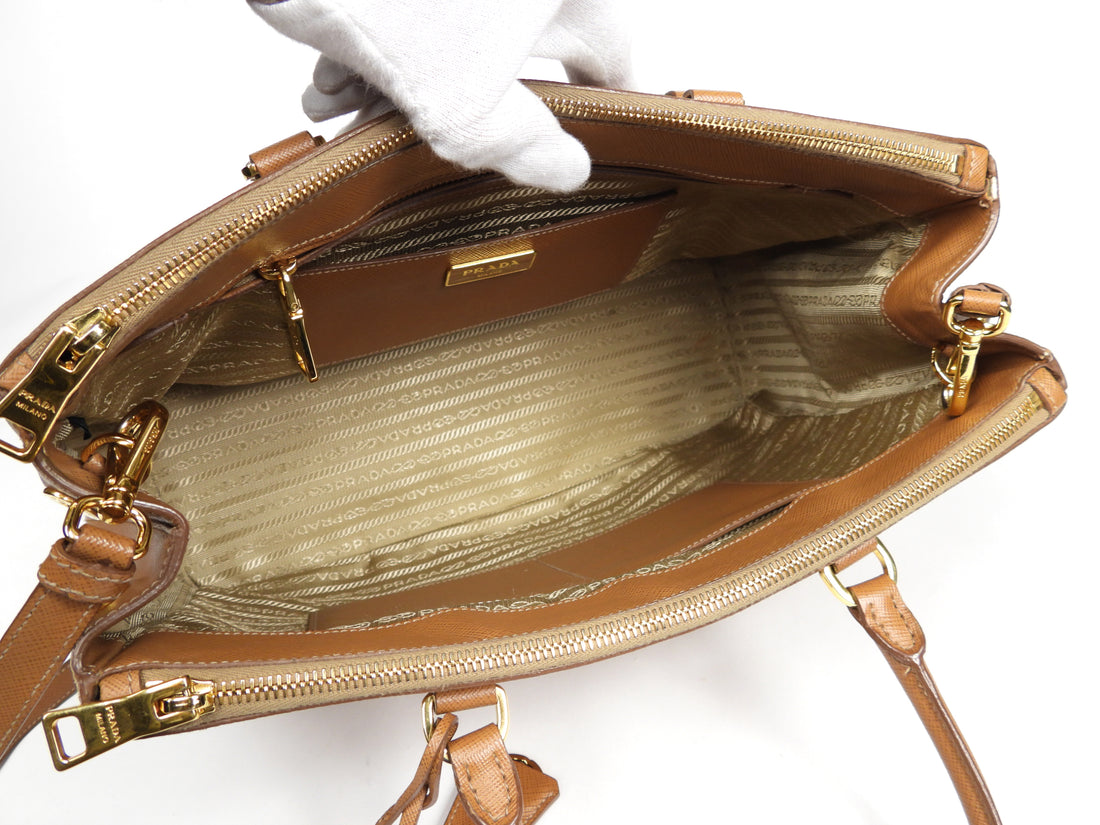 Prada Galleria Double Zip Tote Bag in Caramel Brown Saffiano Leather