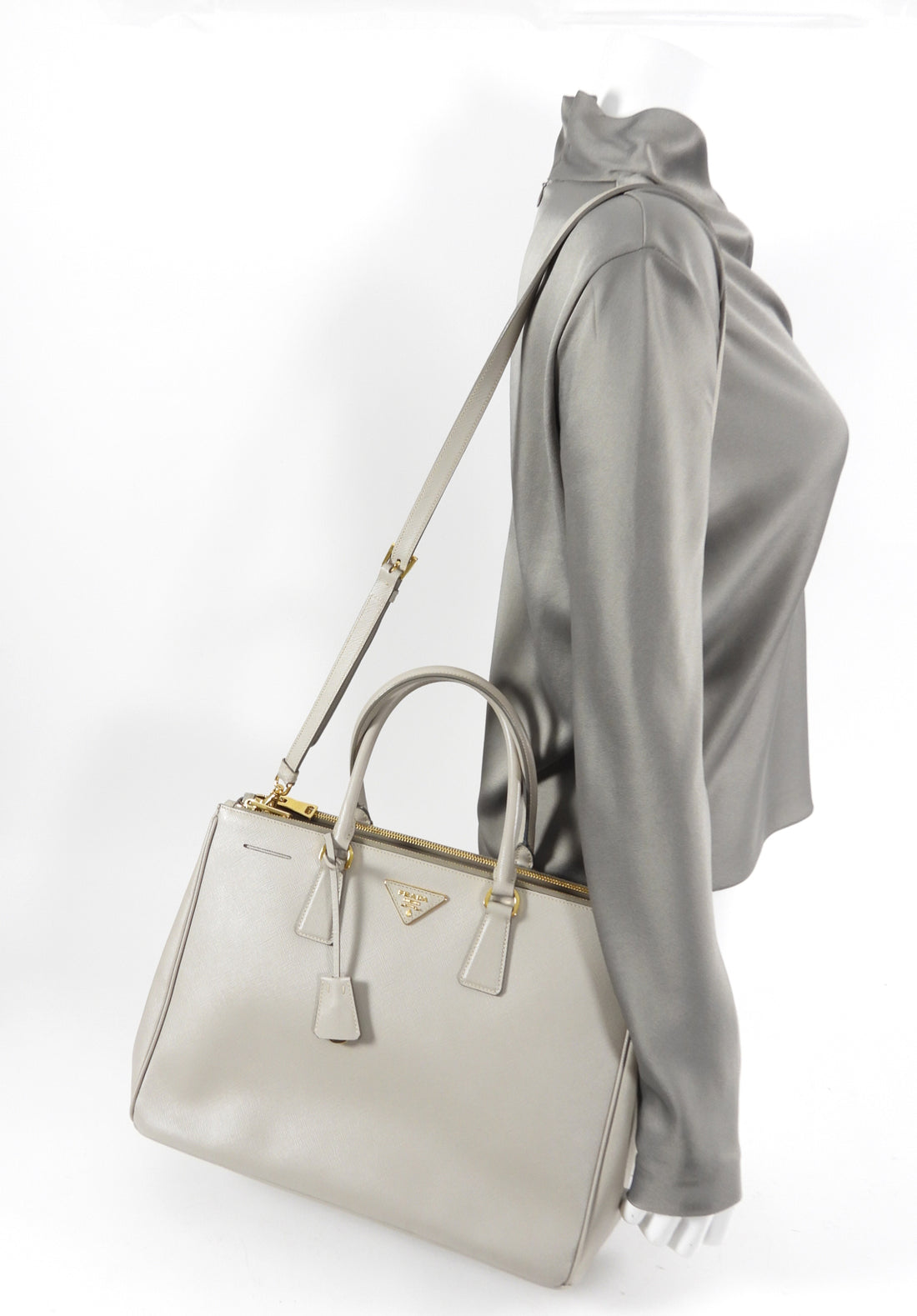 Prada Large Grey Saffiano Lux Galleria Double Tote Bag
