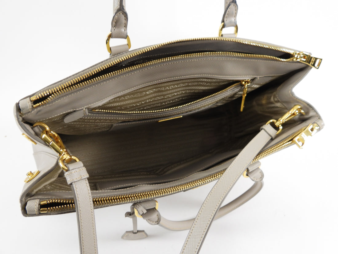 Prada Large Grey Saffiano Lux Galleria Double Tote Bag