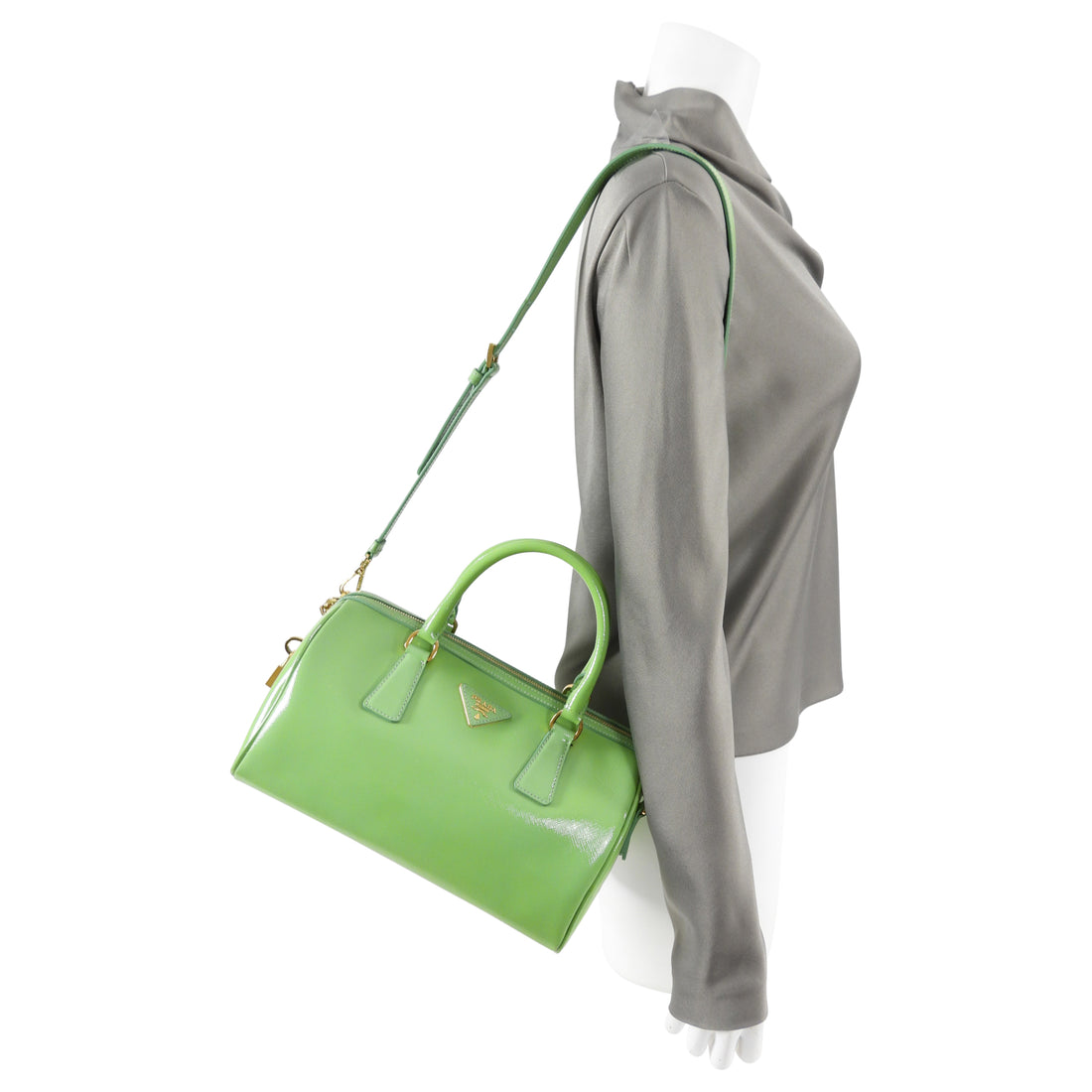 Prada Lime Green Saffiano Vernice Bauletto Small Doctor Bag