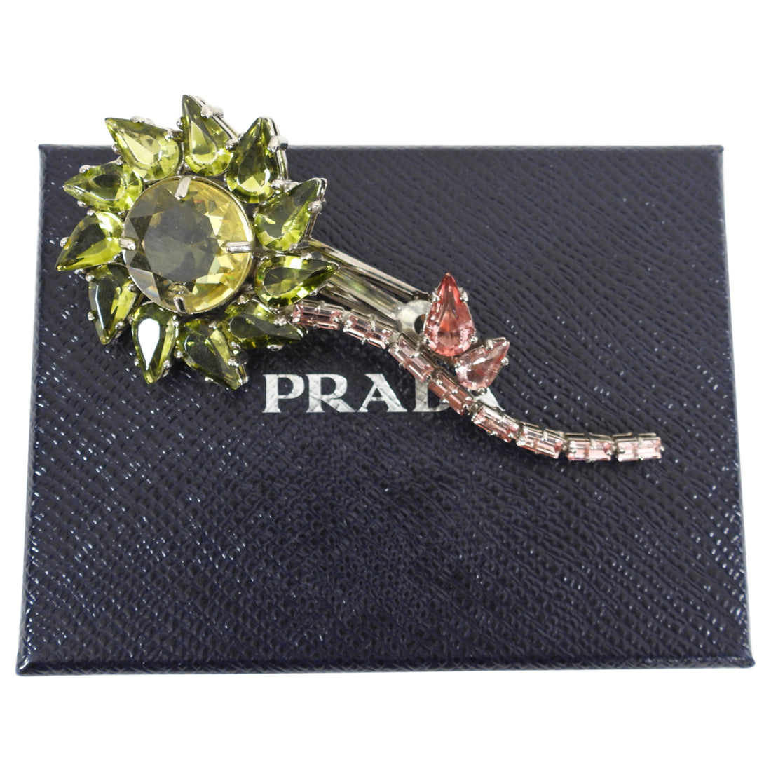 Prada Green and Pink Crystal Flower Hair Clip Pin