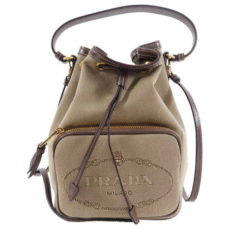 Prada Small Brown Logo Jacquard Two-way Bucket Bag