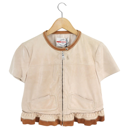 Prada Beige and Brown Short Leather Crop Jacket - IT42 / USA 6