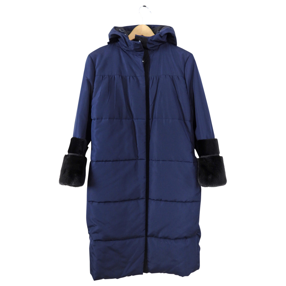 Prada Navy Hooded Puffer Coat with Mink and Sheared Fur Trim - IT38 / XS / S